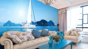 Морская тематика фотообоев для бело-голубой гостиной