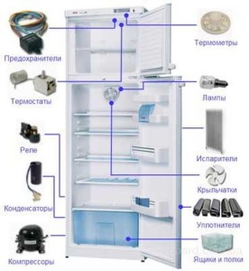 Виды неисправностей и расположение всех деталей холодильника