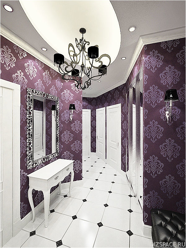 Фиолетовые обои с белой мебелью для создания арт-деко дизайна
